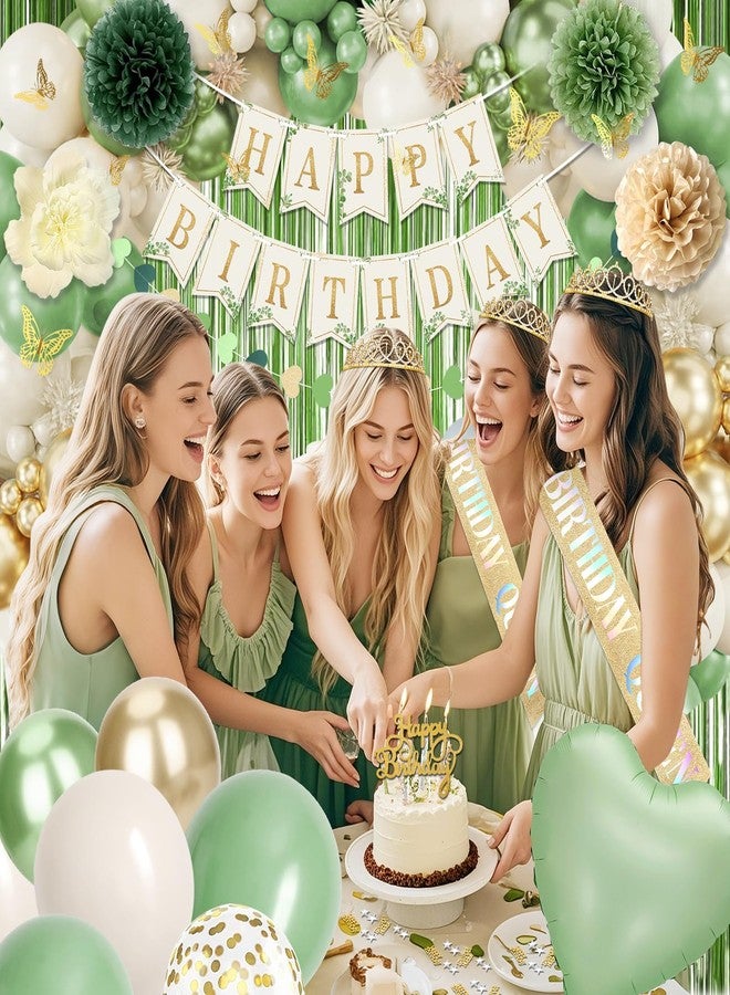 Fantspati Sage Green Birthday Decorations for Women Girls, Beige Gold Green Balloons Birthday Sash Crown Tablecloth Happy Birthday Banner Butterfly Cake Topper Olive Neutral Boho Bday Party Decorations - Image 5